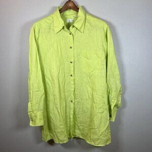 Elisabeth Women's Size 16 Button Up Shirt 100% Linen Long Sleeves Lime Green